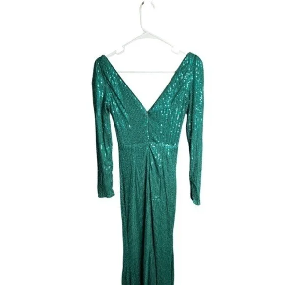 Emerald Green Sequin Prom Formal Gown XS Long Sleeve Slit Dress Broken Zip - Picture 5 of 10